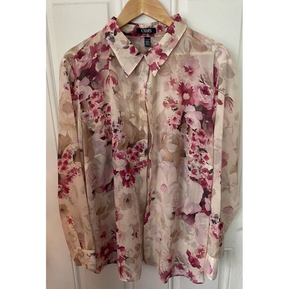 Chaps Pink & White Floral Sheer Long Sleeve Button Up Plus Size Blouse sz 3X - Picture 1 of 7